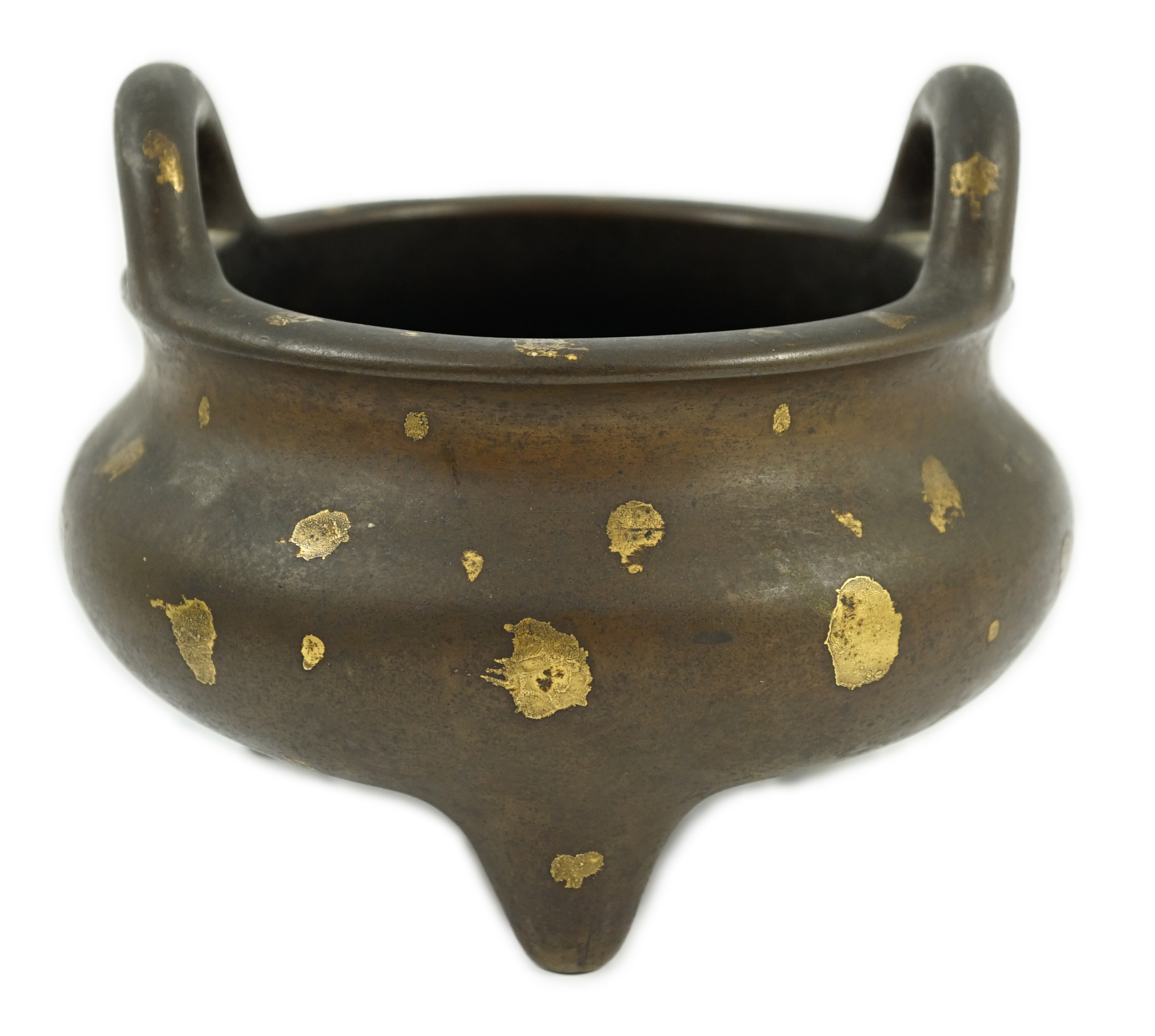 A large Chinese gold-splashed bronze tripod censer, ding, Kangxi period